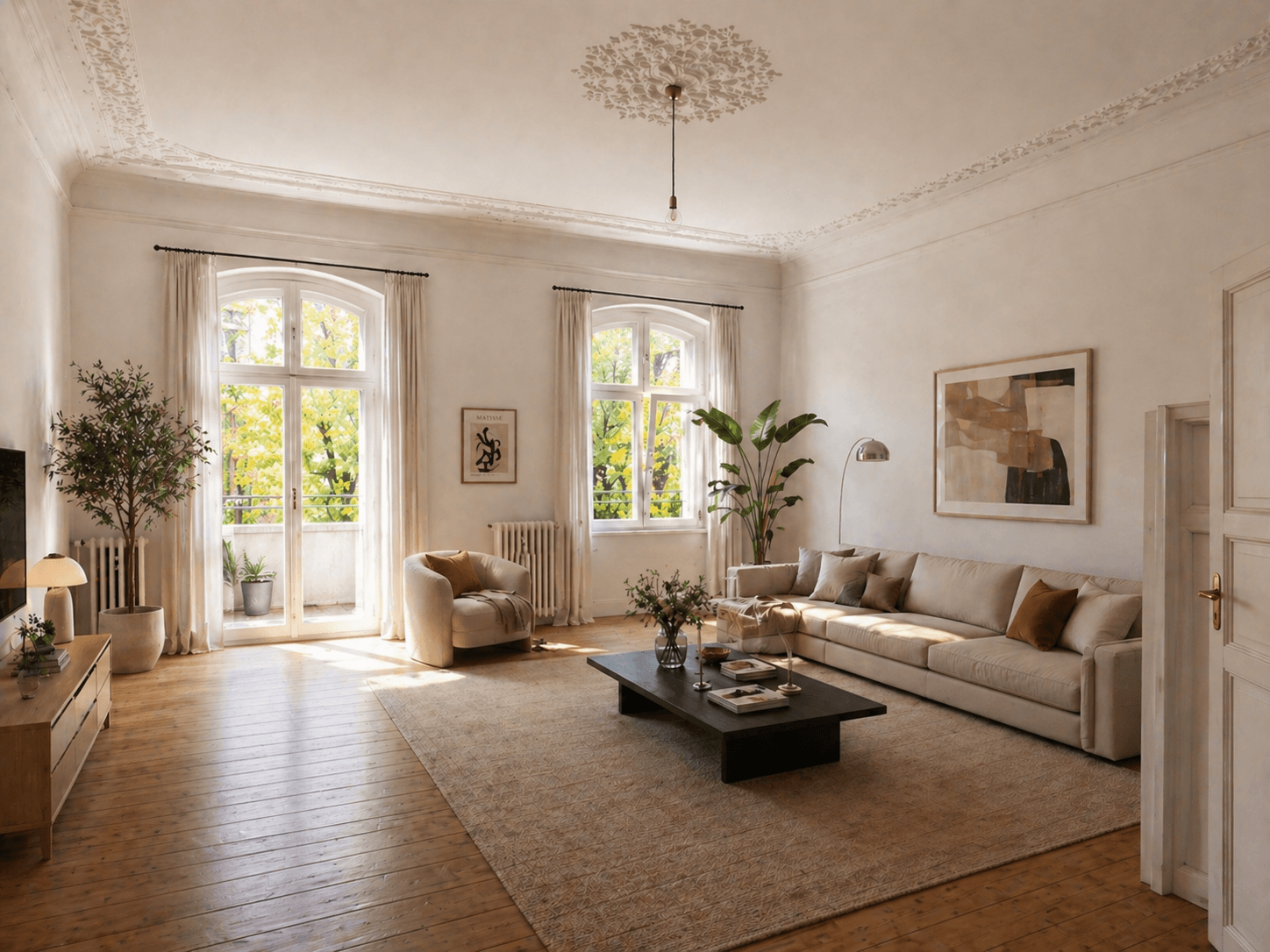 Altbau-Wohnzimmer KI Virtual Staging nachher
