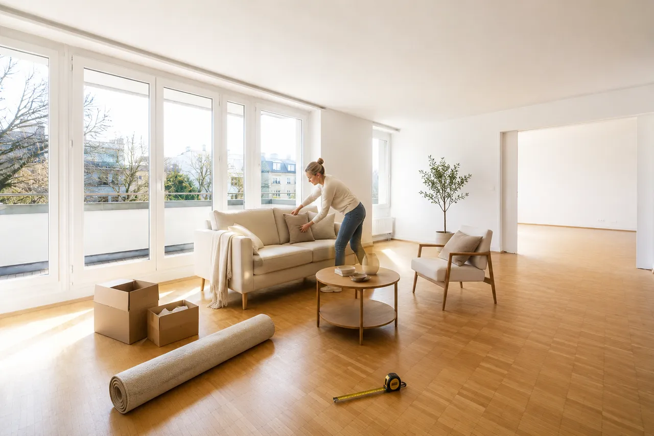 Home Stagerin richtet Möbel und Dekoration in einer leeren Wohnung ein