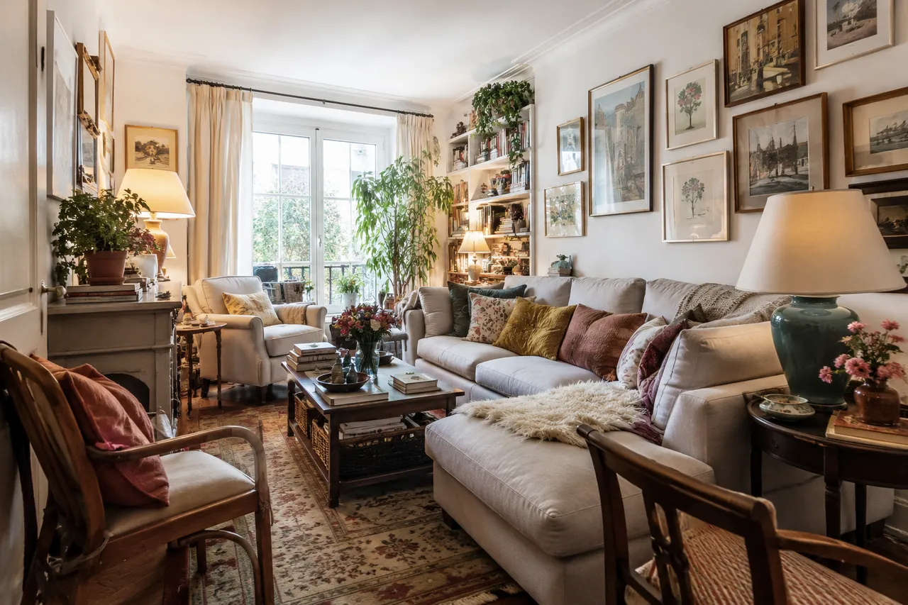 Überladenes kleines Wohnzimmer mit zu vielen Möbeln und Dekoration