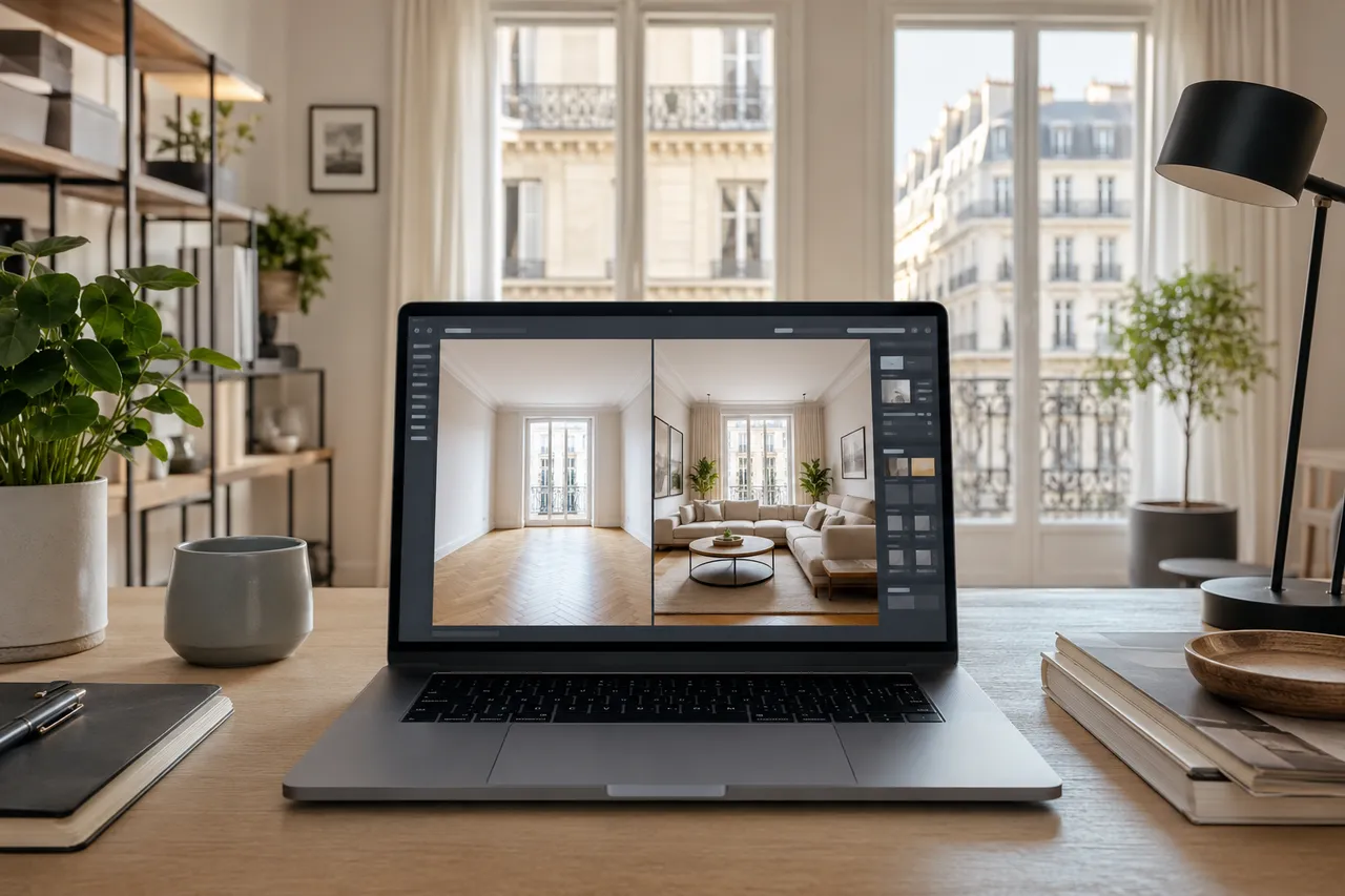 Virtuelles Home Staging eines leeren Raums am Bildschirm